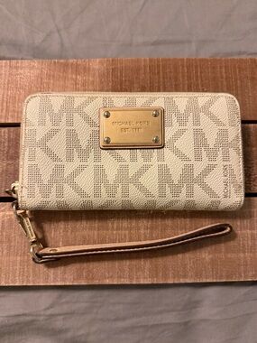 Michael Kors Beige MK Logo Zip Wristlet with Gold Plaque